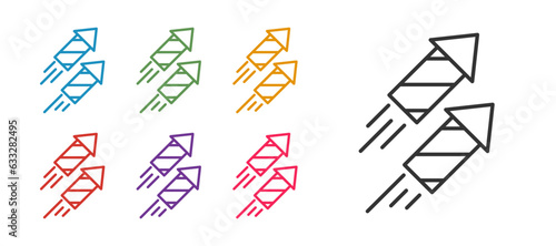 Set line Firework rocket icon isolated on white background. Concept of fun party. Explosive pyrotechnic symbol. Set icons colorful. Vector