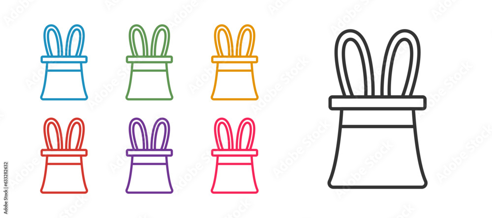 Set line Magician hat and rabbit ears icon isolated on white background. Magic trick. Mystery entertainment concept. Set icons colorful. Vector Set line Magician hat and rabbit ears icon isolated on white background. Magic trick. Mystery entertainment concept. Set icons colorful. Vector