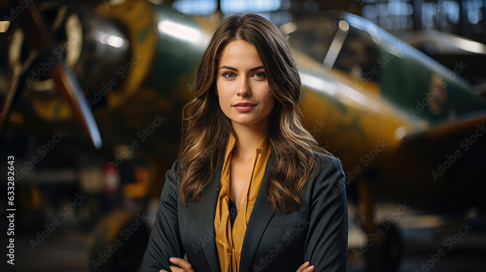 A young woman in a sharp business suit stands confidently in an airplane hangar. A young woman in a sharp business suit stands confidently in an airplane hangar.