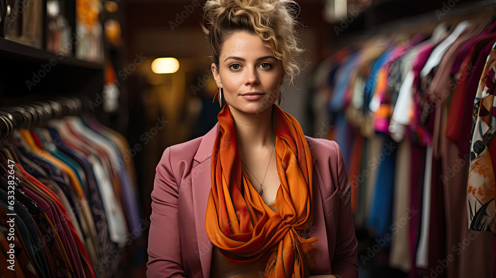 A stylish store owner stands in a trendy boutique surrounded by fashionable clothing and accessories. A stylish store owner stands in a trendy boutique surrounded by fashionable clothing and accessories.