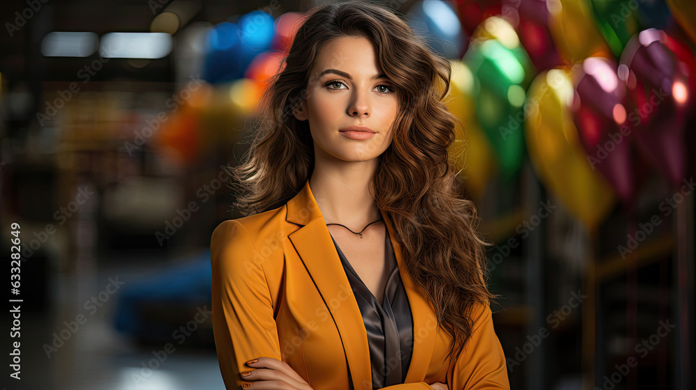 A young woman in a sharp business suit stands confidently in an airplane hangar. A young woman in a sharp business suit stands confidently in an airplane hangar.