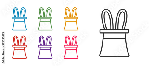 Set line Magician hat and rabbit ears icon isolated on white background. Magic trick. Mystery entertainment concept. Set icons colorful. Vector