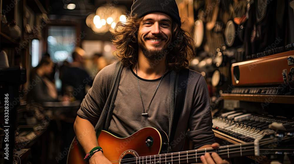 A music enthusiast in a band tee stands proudly amidst a melodic backdrop of instruments and music records at a lively music store.