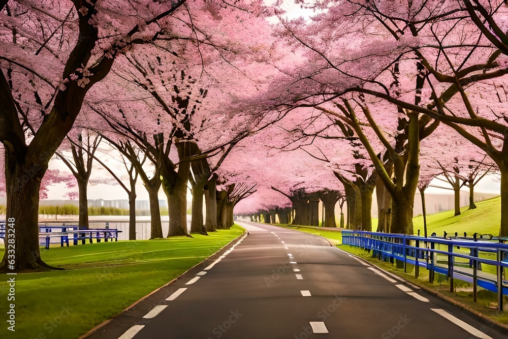 Rows of pink cherry blossom flowers on both sides of the road. Rows of pink cherry blossom flowers on both sides of the road.