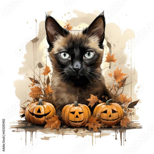 A Halloween Siamese Siamese cat t-shirt design with a touch of nostalgia, featuring the dog as a classic black Siamese Siamese cat with a crescent moon charm on its collar, Generative Ai 