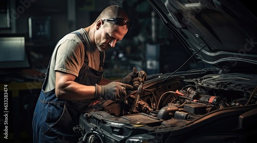 Auto repair specialist as they skillfully diagnose and repair a faulty ignition coil, ensuring proper engine ignition and smooth vehicle performance. Generated by AI.