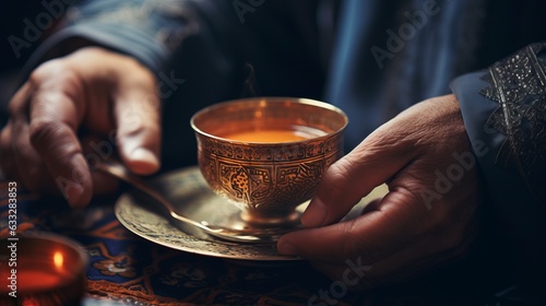 Old vintage antique royal dishes and appliances in the hands. Arabian or Turkish traditional tea time.