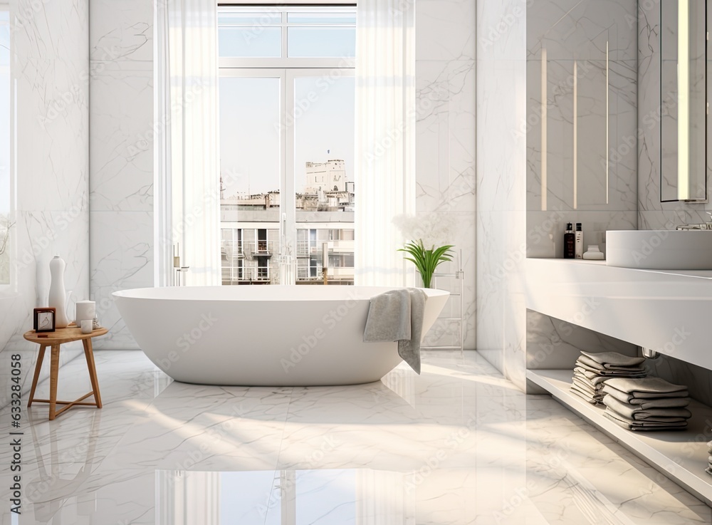 Fototapeta premium The bathroom overlooks the closed toilet, tap, cupboard, sink, plant and stone tiles on the wall. Created with Generative AI technology.