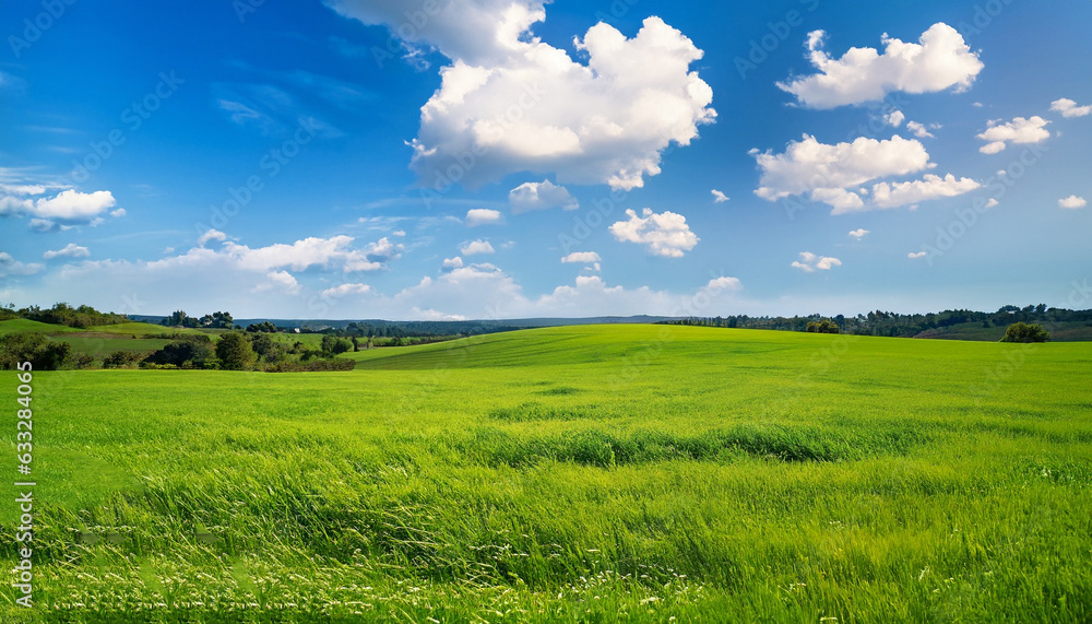 A picturesque summer landscape featuring a lush green grass field stretching under a blue sky with scenic clouds