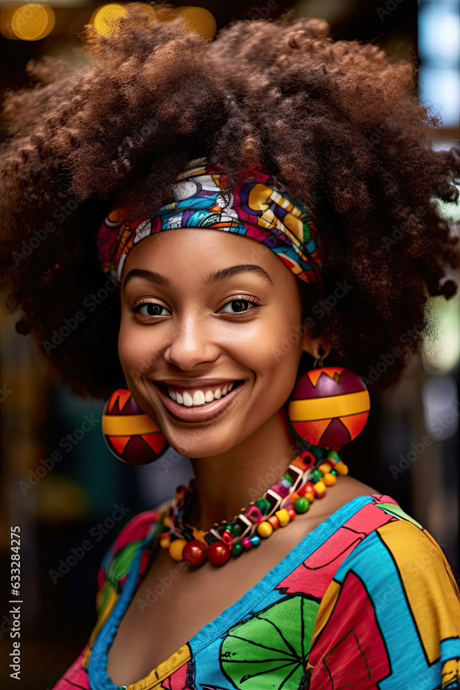 A confident African American woman with a colorful afro and vibrant makeup.