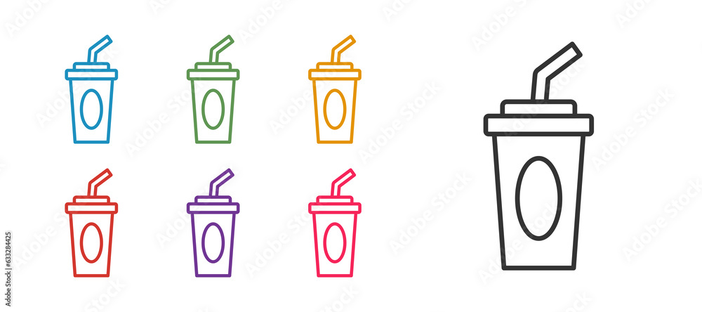 Set line Paper glass with drinking straw and water icon isolated on white background. Soda drink glass. Fresh cold beverage symbol. Set icons colorful. Vector Set line Paper glass with drinking straw and water icon isolated on white background. Soda drink glass. Fresh cold beverage symbol. Set icons colorful. Vector