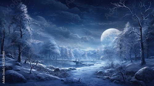 Chilly and frosty winter night, bathed in the ethereal glow of a full moon. The cold air carries a sense of magic as the moonlight dances on the frost. Generated by AI.