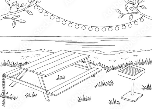 Picnic sea coast graphic black white landscape sketch illustration vector 