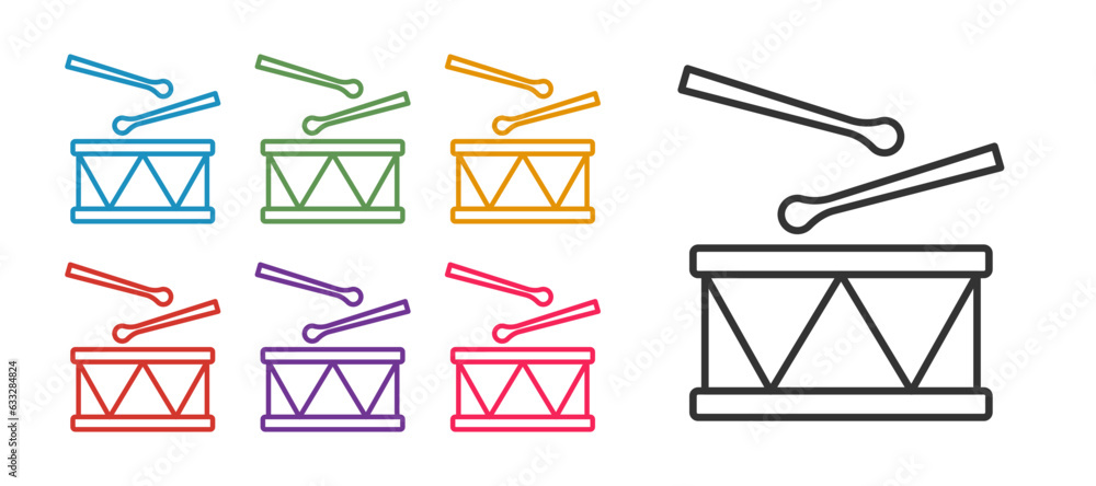 Set line Drum with drum sticks icon isolated on white background. Music sign. Musical instrument symbol. Set icons colorful. Vector Set line Drum with drum sticks icon isolated on white background. Music sign. Musical instrument symbol. Set icons colorful. Vector