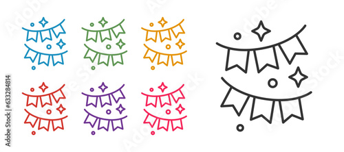 Set line Carnival garland with flags icon isolated on white background. Party pennants for birthday celebration, festival and fair decoration. Set icons colorful. Vector