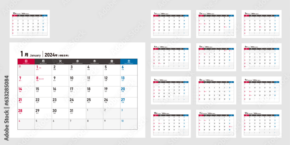 2024 calendar template vector illustration for Japan 2024 calendar template vector illustration for Japan