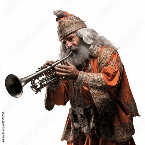 A Swiss alpine horn player captured in a studio setting.