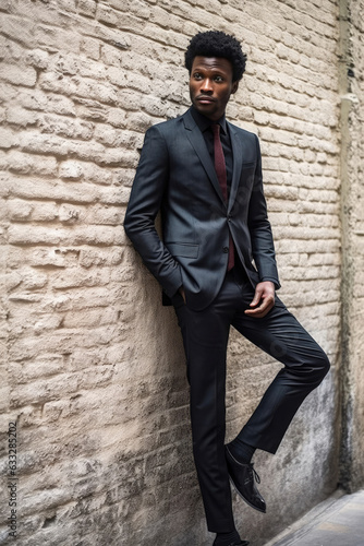 A lean African man with a small, well-groomed afro, donned in a slim-fitted three-piece suit, a skinny tie, and polished Chelsea boots, casually leaning against an invisible wall with a thoughtful exp photo