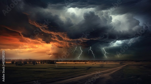 Dramatic and breathtaking thunderstorm rolling across the heavens, its luminous lightning bolts and deep rumbles of thunder painting a portrait of nature's grand drama. Generated by AI. photo