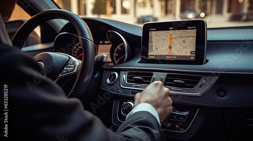 Driver carefully configuring the GPS settings for voice-guided directions, their attention to detail reflecting a commitment to making. Generated by AI.