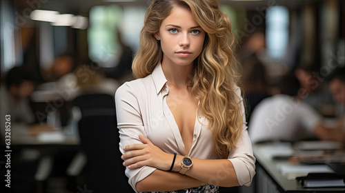 A young woman in a sleek monochrome ensemble stands confidently in an open-plan office, with the busy workspace behind her blending into a soft blur.