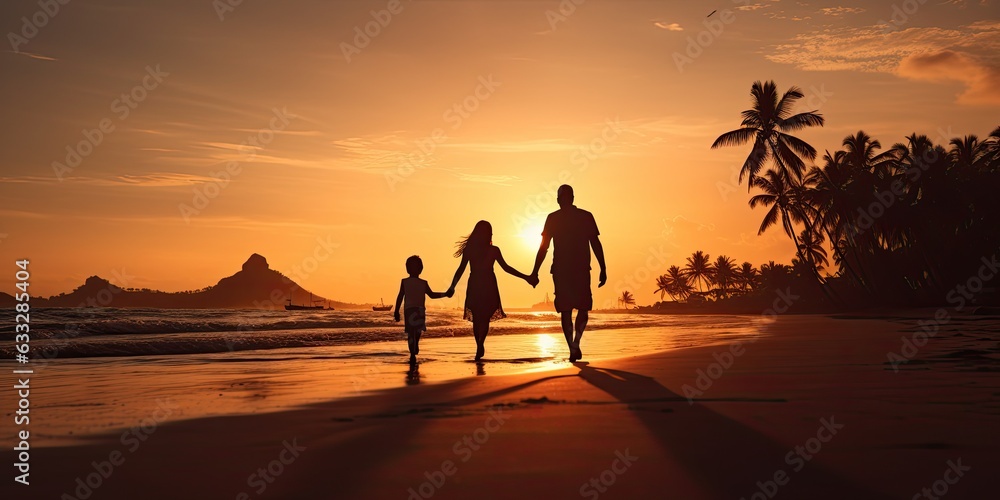 Silhouettes of a young family walk along the shore of the South sea against the background of palm trees and sunset. Generated by AI
