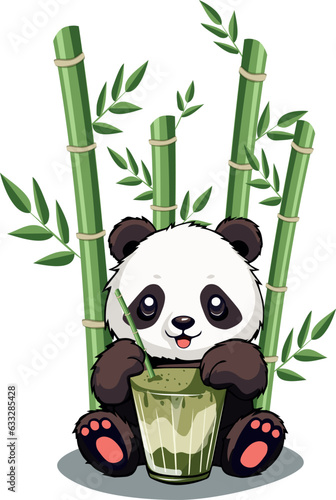 A cute cartoon panda drinks greens matcha from a glass glass through a straw on a background of bamboo. Vector illustration.