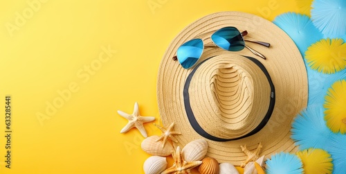 Straw hat sunglasses flip-flops and shells on a yellow and a blue monochrome background.