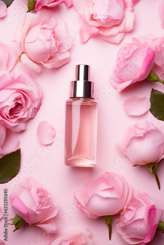 Skin care face serum bottle surrounded by pink rose flowers