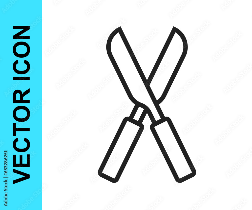 Black line Gardening handmade scissors for trimming icon isolated on white background. Pruning shears with wooden handles. Vector Black line Gardening handmade scissors for trimming icon isolated on white background. Pruning shears with wooden handles. Vector