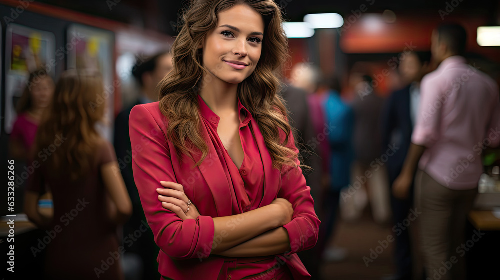 A young woman exudes confidence in a vibrant red power suit, standing boldly in an office setting.