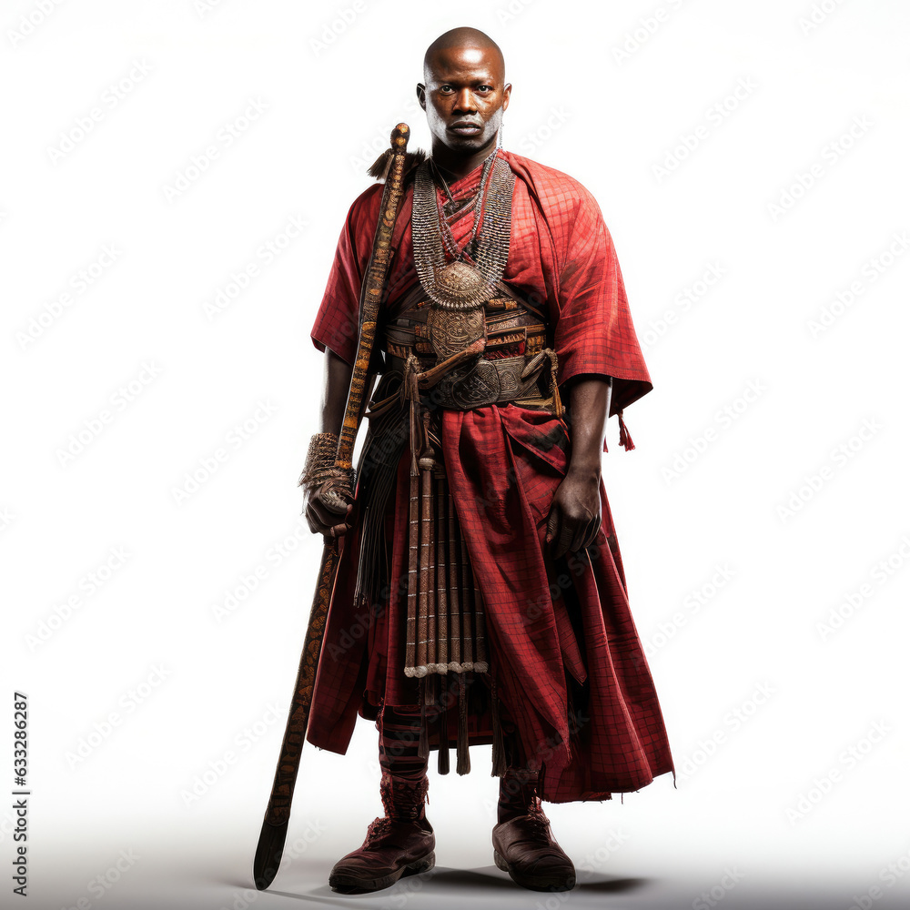 Studio shot of a Masai warrior in traditional attire.