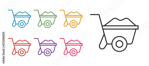 Set line Wheelbarrow icon isolated on white background. Tool equipment. Agriculture cart wheel farm. Set icons colorful. Vector