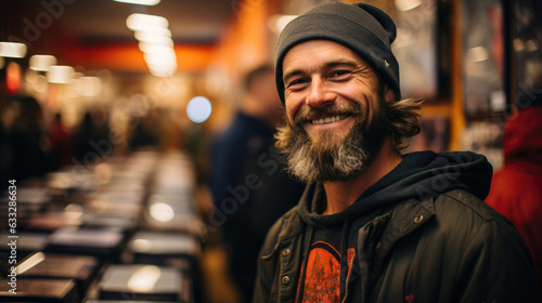 A music lover in a band tee stands proudly amidst a retro, music-filled backdrop at a bustling record store. © GraphicsRF