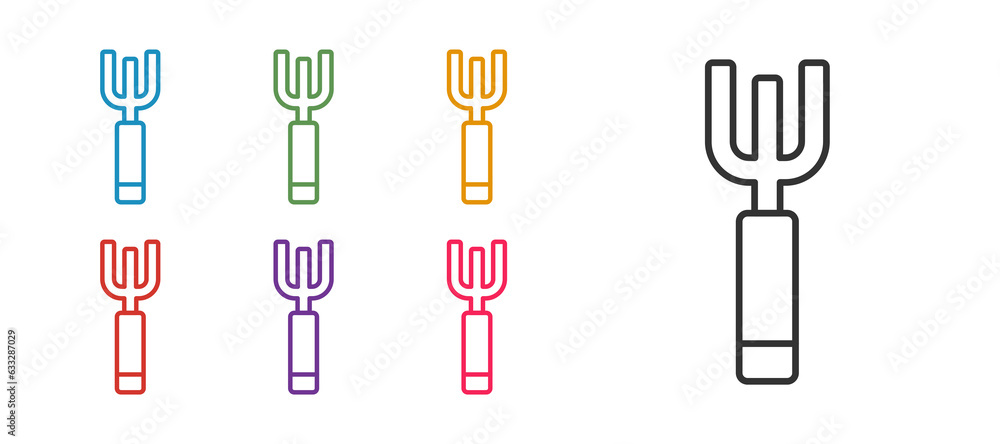 Set line Garden pitchfork icon isolated on white background. Garden fork sign. Tool for horticulture, agriculture, farming. Set icons colorful. Vector Set line Garden pitchfork icon isolated on white background. Garden fork sign. Tool for horticulture, agriculture, farming. Set icons colorful. Vector