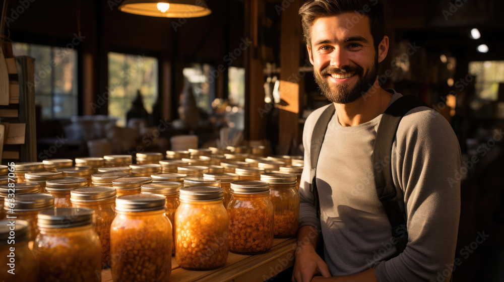 A honey producer stands proudly in a bustling honey shop surrounded by golden jars and bee products. A honey producer stands proudly in a bustling honey shop surrounded by golden jars and bee products.