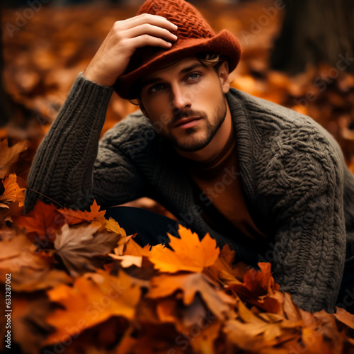 Male Model dressed in autumn colors, lying on a bed of leaves in red, brown, yellow, and orange fall hues. Harvest or fall fashion photography.