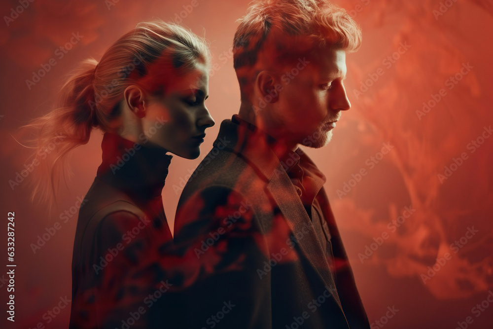 Young stylish couple in deep bond and psychic connection amidst distance. Moody atmospheric couple portrait ideal for illustrating themes of love, mental connection, and emotional awareness. Young stylish couple in deep bond and psychic connection amidst distance. Moody atmospheric couple portrait ideal for illustrating themes of love, mental connection, and emotional awareness.
