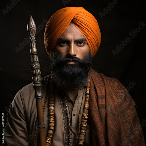 Punjabi Sikh man with turban and kirpan isolated on white.