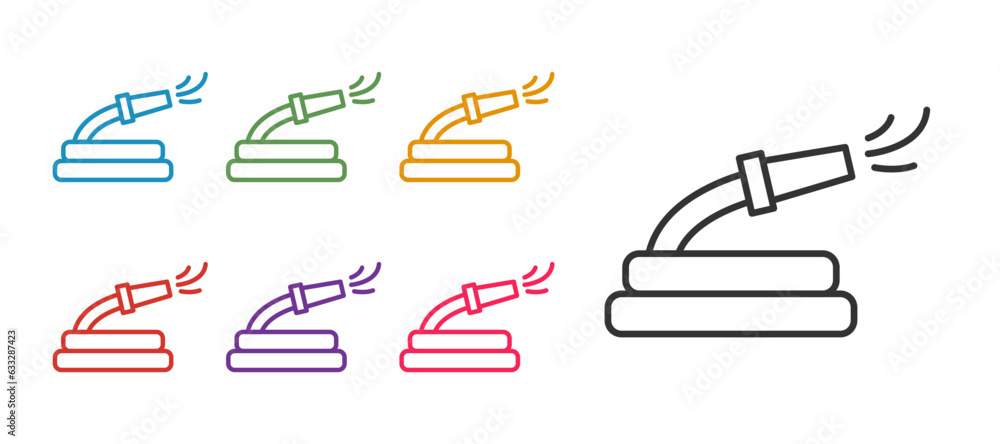 Set line Garden hose icon isolated on white background. Spray gun icon. Watering equipment. Set icons colorful. Vector