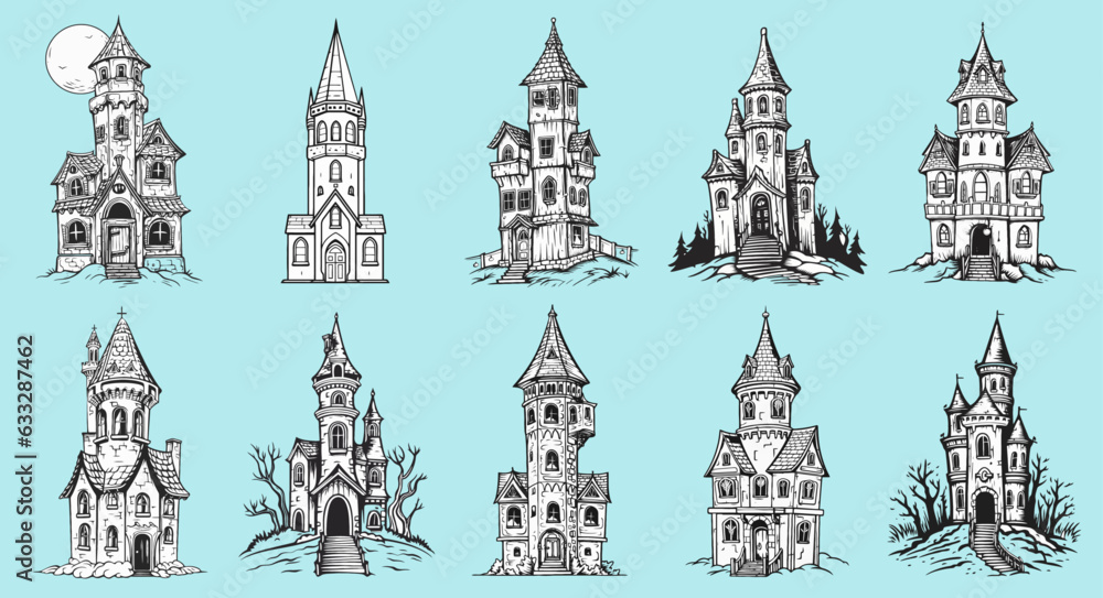 Halloween towers coloring page elements