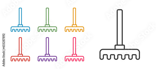 Set line Garden rake icon isolated on white background. Tool for horticulture, agriculture, farming. Ground cultivator. Housekeeping equipment. Set icons colorful. Vector