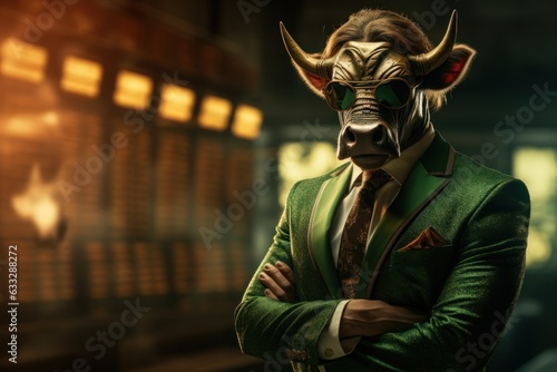 Bull in business suite trading green bull run,printspace,copyspace, Generative AI. photo