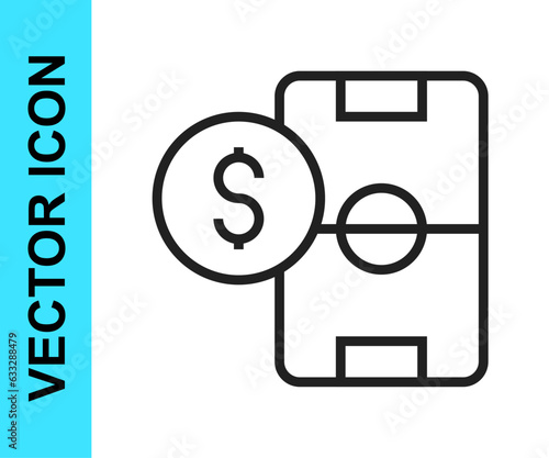 Black line Soccer football betting money icon isolated on white background. Football bet bookmaker. Soccer betting online make money. Vector