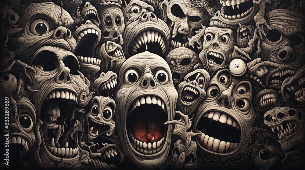 Naklejka premium abstract art, canvas covered in screaming faces, pain and fear, madness and chaos, 003, generative ai