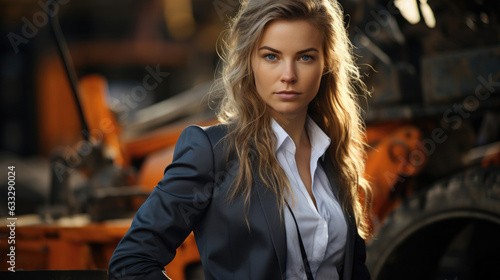 A young woman in a business suit and hard hat stands confidently on a construction site, surrounded by machinery and industrial activity.