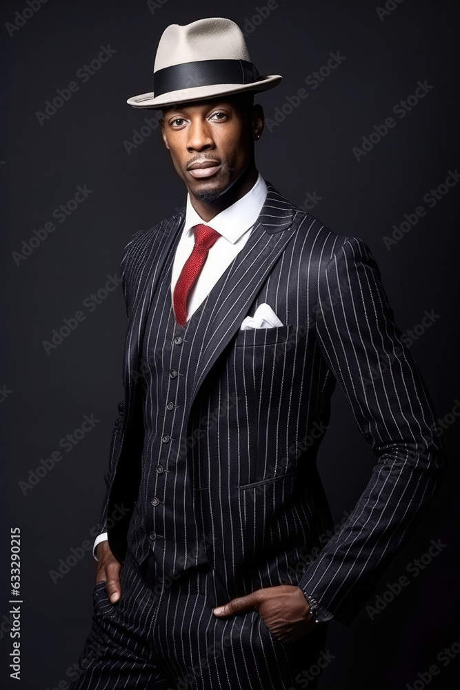 A tall and muscular African American man exudes style and confidence in his pinstripe suit, flat cap, and polished black brogues against a crisp white background. A tall and muscular African American man exudes style and confidence in his pinstripe suit, flat cap, and polished black brogues against a crisp white background.