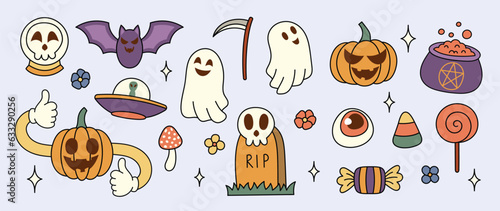Happy Halloween day 70s groovy vector. Collection of ghost characters, doodle smile face, skull, pumpkin, bat, sickle, candy, cauldron, grave. Cute retro groovy hippie design for decorative, sticker. © TWINS DESIGN STUDIO