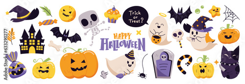 Happy Halloween day element background vector. Cute collection of spooky ghost, pumpkin, bat, candy, cat, skull, spider, grave, castle. Adorable halloween festival elements for decoration, prints.