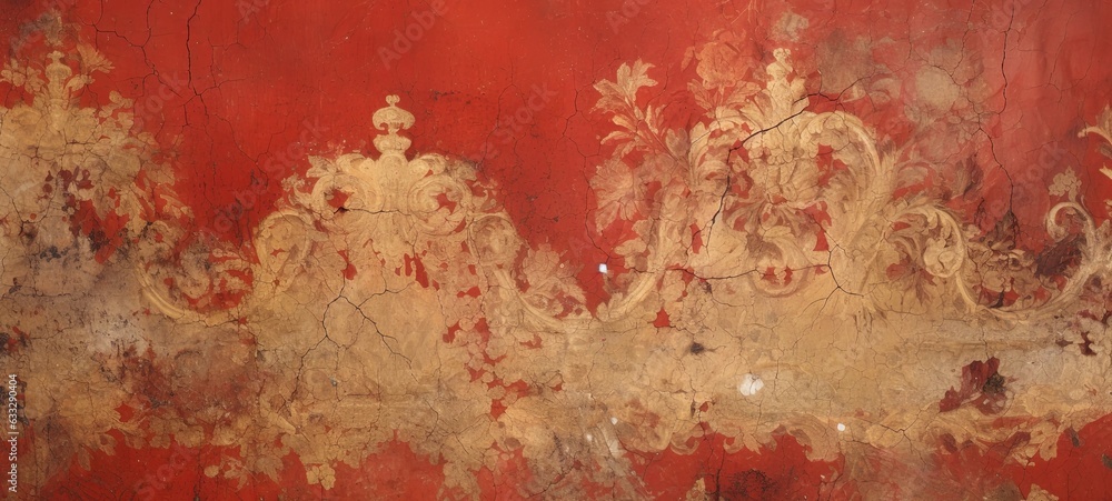 Distressed painted antique wall in red, scarlet, cherry red, crimson and golden rococo ornaments. Beautiful decayed, weathered, teared luxury vintage surface, texture. Distressed painted antique wall in red, scarlet, cherry red, crimson and golden rococo ornaments. Beautiful decayed, weathered, teared luxury vintage surface, texture.